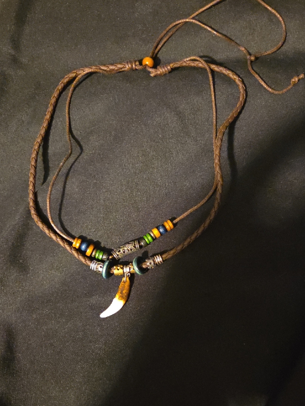 Brown Leather Beaded Tooth Pendant Necklace -Unisex